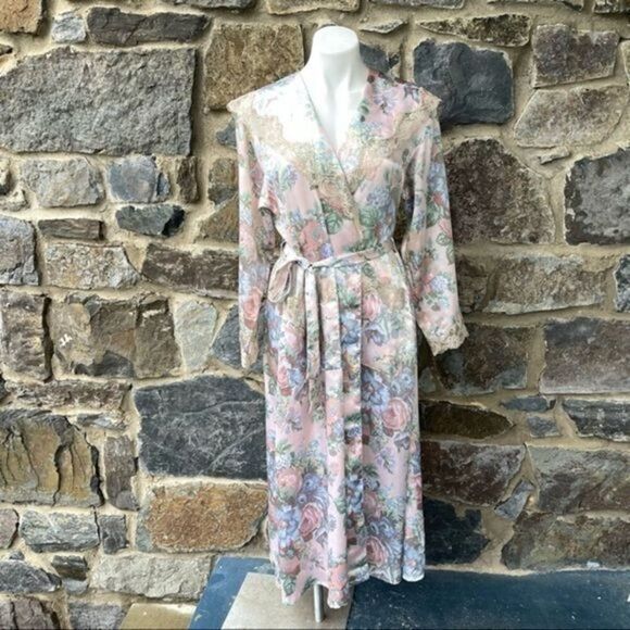 Victoria's Secret Other - Victoria's Secret Vintage Gold Label Pastel Floral Satin & Lace Robe Size P/S